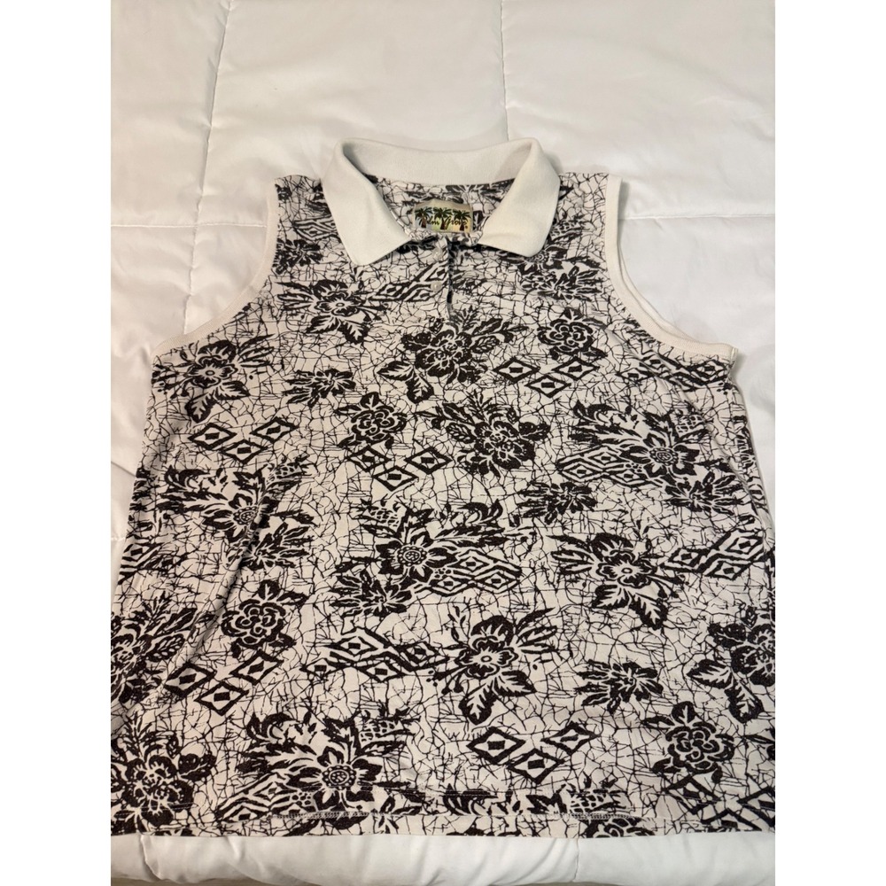 Palm Grove Womens XL Sleeveless Polo Shirt Black White Floral Batik Golf Top